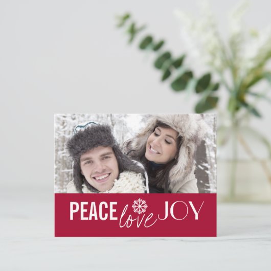 Peace Love Joy Rode Sneeuwvlok Vakantie Briefkaart (Staand voorkant)