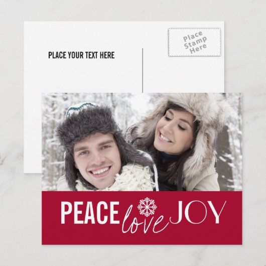 Peace Love Joy Rode Sneeuwvlok Vakantie Briefkaart (Voorkant / Achterkant)