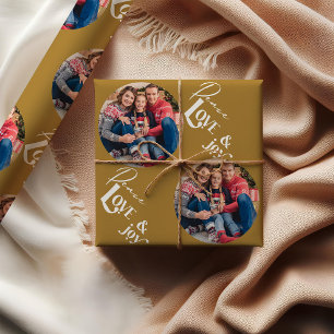 Peace Love Joy Ronde Foto Elegante Typografie Goud Cadeaupapier