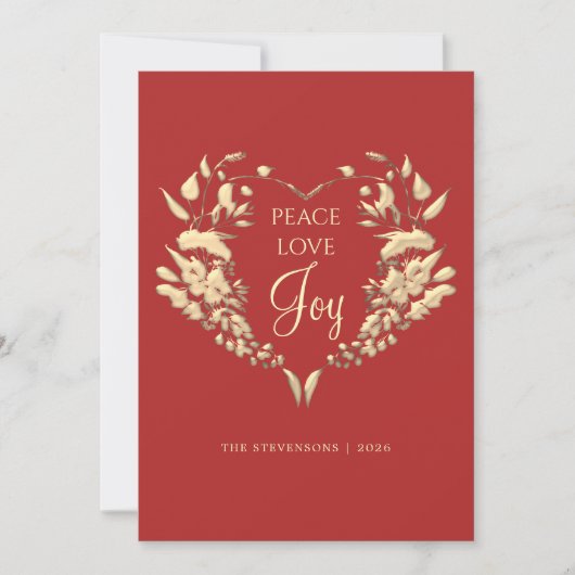 Peace Love Joy Rood Goud Bloemen Kerstmis Feestdagenkaart (Voorkant)