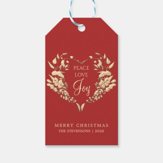 Peace Love Joy Rood Goud Kerstmis Cadeaulabel (Voorkant)