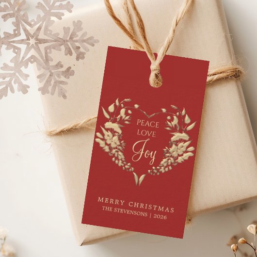 Peace Love Joy Rood Goud Kerstmis Cadeaulabel