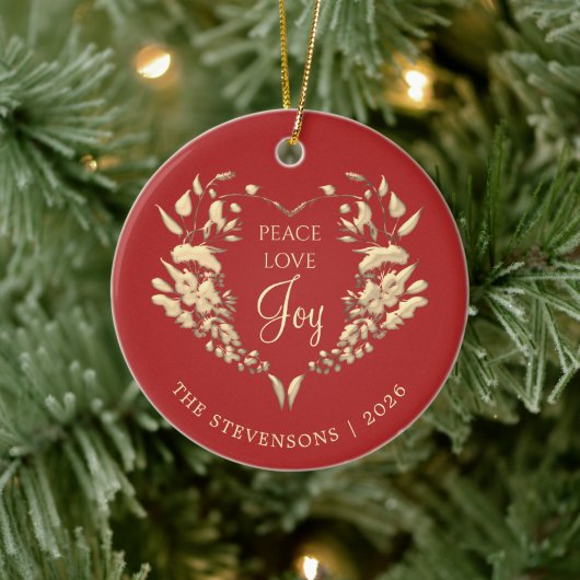Peace Love Joy Rood Goud Kerstmis Keramisch Ornament (Boom)