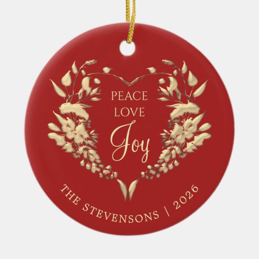 Peace Love Joy Rood Goud Kerstmis Keramisch Ornament (Voorkant)