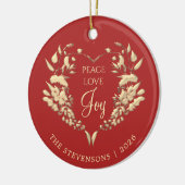 Peace Love Joy Rood Goud Kerstmis Keramisch Ornament (Links)