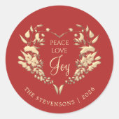 Peace Love Joy Rood Goud Kerstmis Ronde Sticker (Voorkant)