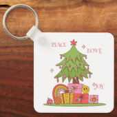 Peace, Love & Joy - Schattigee retro kerstboom Sleutelhanger (Voorkant)