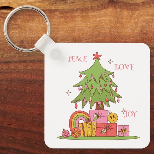 Peace, Love & Joy - Schattigee retro kerstboom Sleutelhanger (Voorkant)