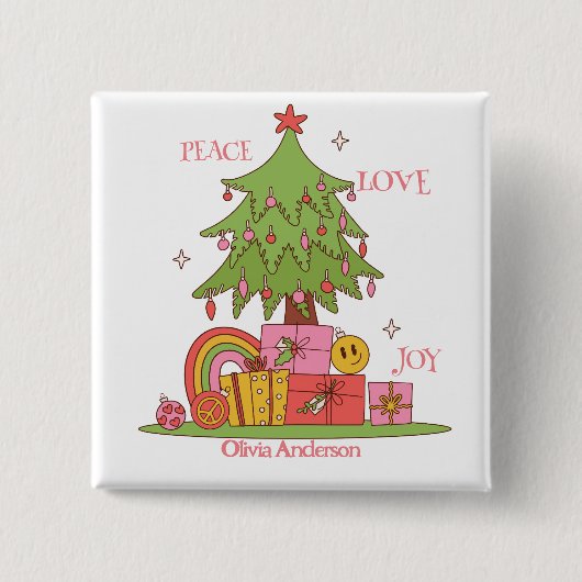 Peace, Love & Joy - Schattigee retro kerstboom Vierkante Button 5,1 Cm (Voorkant)