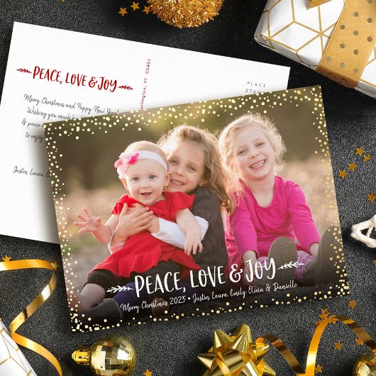 Peace Love Joy Script-kerstfoto Real Gold Folie Feestdagen Briefkaart