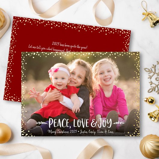 Peace Love Joy Script-kerstfoto Real Gold Folie Feestdagenkaart