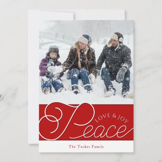 Peace Love Joy Script Red White 2-foto-Kerstmis Feestdagenkaart (Voorkant)