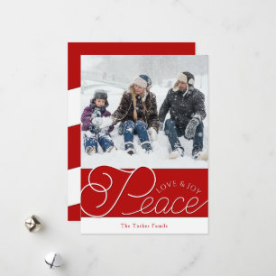 Peace Love Joy Script Red White 2-foto-Kerstmis Feestdagenkaart