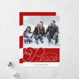 Peace Love Joy Script Red & White-foto met Kerstmi Feestdagenkaart