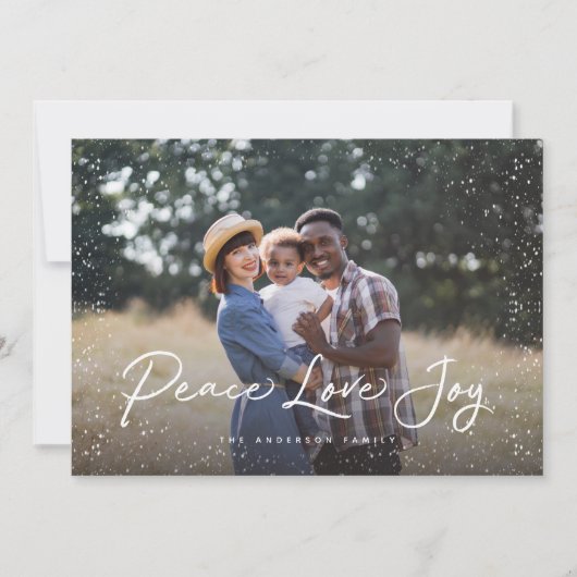Peace Love Joy Script Sneeuwfoto Feestdagenkaart (Voorkant)
