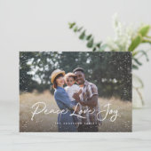 Peace Love Joy Script Sneeuwfoto Feestdagenkaart (Staand voorkant)