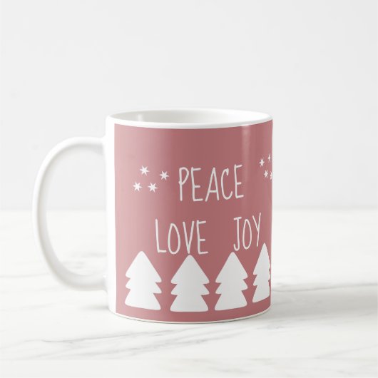 Peace Love Joy Script Soft Roze kerstkoffie Koffiemok (Links)