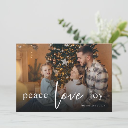 Peace Love Joy Script Volledige Foto Feestdagenkaart (Staand voorkant)