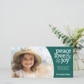 Peace Love Joy - Snowflakes en 1 foto - Blauwgroen Feestdagenkaart (Staand voorkant)