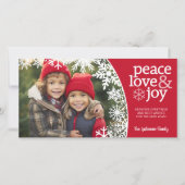 Peace Love Joy Snowflakes - Red White Photo Feestdagenkaart (Voorkant)