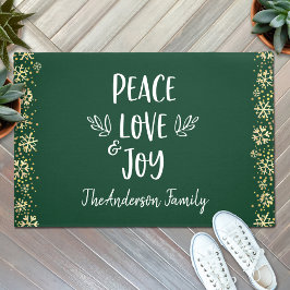 Peace Love Joy Snowflakes Typography Green Holiday Deurmat