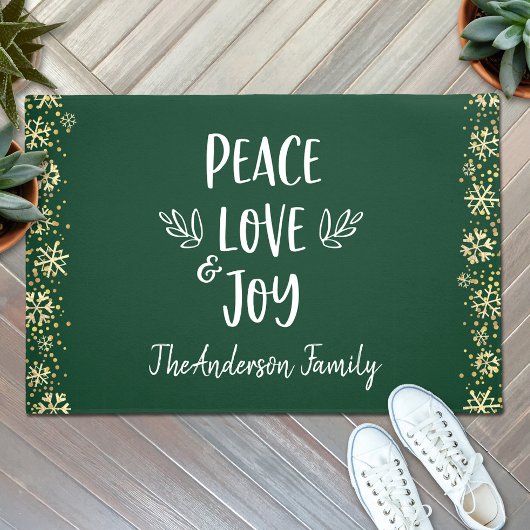 Peace Love Joy Snowflakes Typography Green Holiday Deurmat