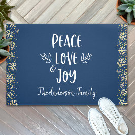 Peace Love Joy Snowflakes Typography Navy Holiday Deurmat