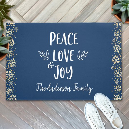 Peace Love Joy Snowflakes Typography Navy Holiday Deurmat