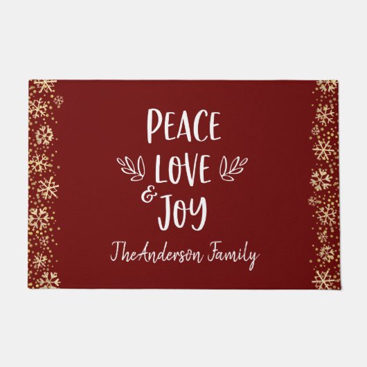Peace Love Joy Snowflakes Typography Red Holiday Deurmat (Voorkant)