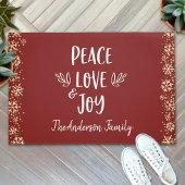 Peace Love Joy Snowflakes Typography Red Holiday Deurmat