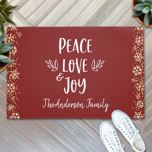Peace Love Joy Snowflakes Typography Red Holiday Deurmat