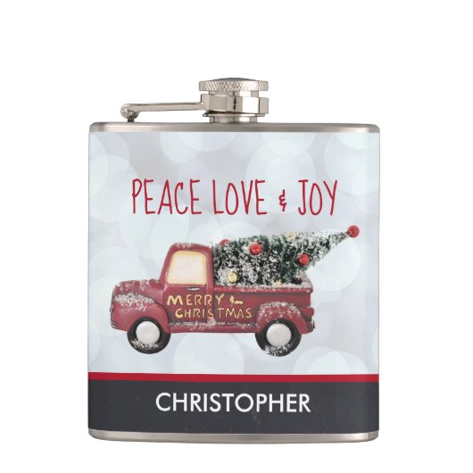 Peace Love & Joy Speelgoed Truck Merry Kerstmis Heupfles (Voorkant)