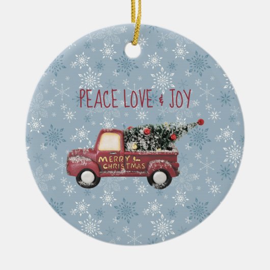 Peace Love & Joy Speelgoed Truck Merry Kerstmis Keramisch Ornament (Voorkant)