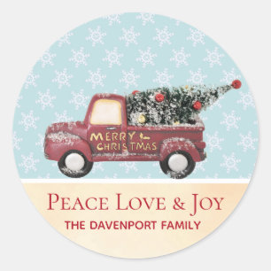 Peace Love & Joy Speelgoed Truck Merry Kerstmis Ronde Sticker