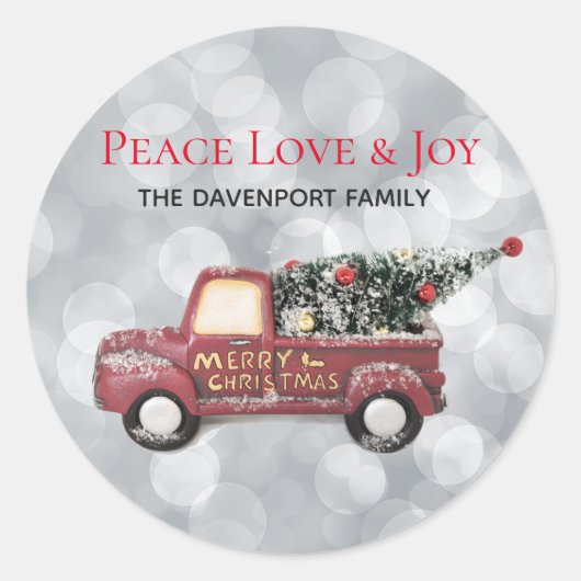 Peace Love & Joy Speelgoed Truck Merry Kerstmis Ronde Sticker (Voorkant)