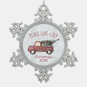 Peace Love & Joy Speelgoed Truck Merry Kerstmis Tin Sneeuwvlok Ornament