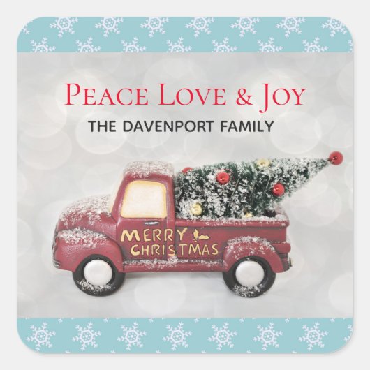 Peace Love & Joy Speelgoed Truck Merry Kerstmis Vierkante Sticker (Voorkant)