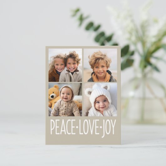 Peace Love Joy Taupe - 4 Photo Collage Feestdagenkaart (Staand voorkant)