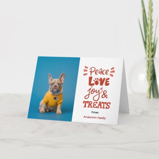 Peace Love Joy & Treat Dog Kerstmis Feestdagen Kaart (Voorkant)