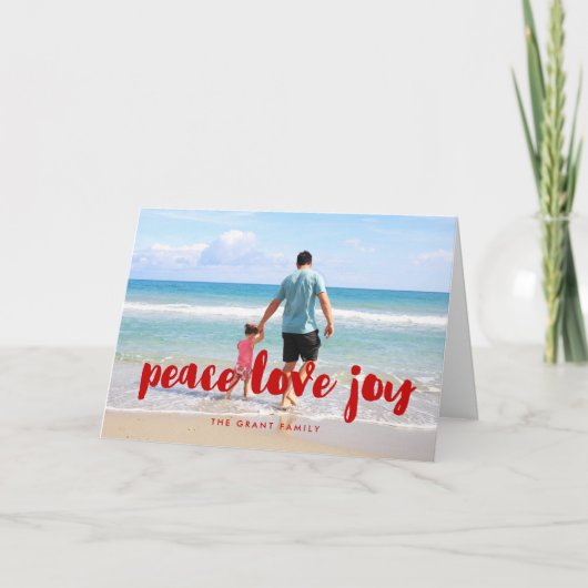 Peace Love Joy trendy red font foto Feestdagen Kaart (Voorkant)