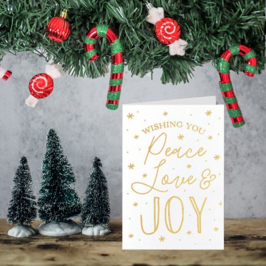 Peace, Love & Joy Trendy Typography Kerstmis Folie Kaarten