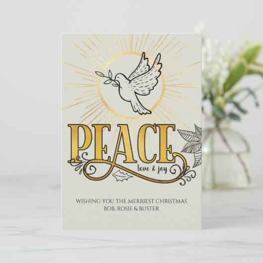 Peace Love & Joy  Typography Dove of Peace Dove of Feestdagenkaart (Staand voorkant)