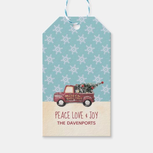 Peace Love & Joy w/ RedToy Truck Merry Kerstmis Cadeaulabel (Voorkant)