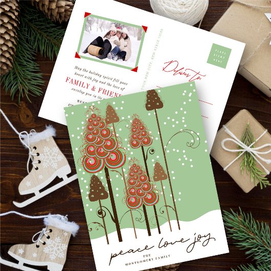 Peace Love Joy Whimsical-kerstboom en sneeuw Feestdagenkaart
