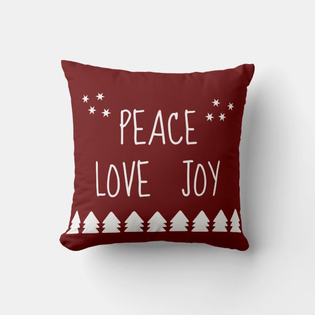 Peace Love Joy White Script Burgundy Holiday Thans Kussen (Voorkant)
