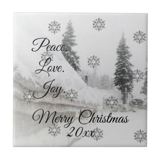 Peace Love Joy | Zwarte en witte winterkerst Tegeltje (Voorkant)