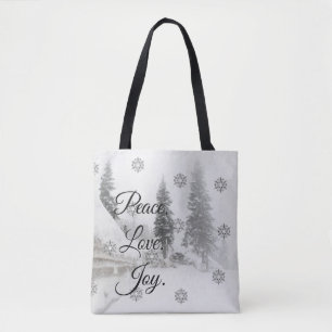 Peace Love Joy   Zwarte en witte winterkerst Tote Bag