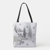 Peace Love Joy | Zwarte en witte winterkerst Tote Bag (Achterkant)