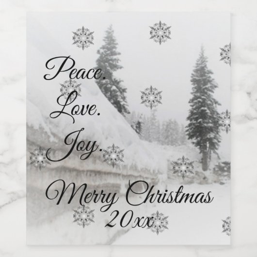 Peace Love Joy | Zwarte en witte winterkerst Wijn Etiket (Enkel label)