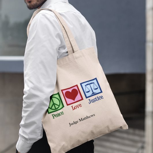 Peace Love Justice Gepersonaliseerde advocaat of r Tote Bag
